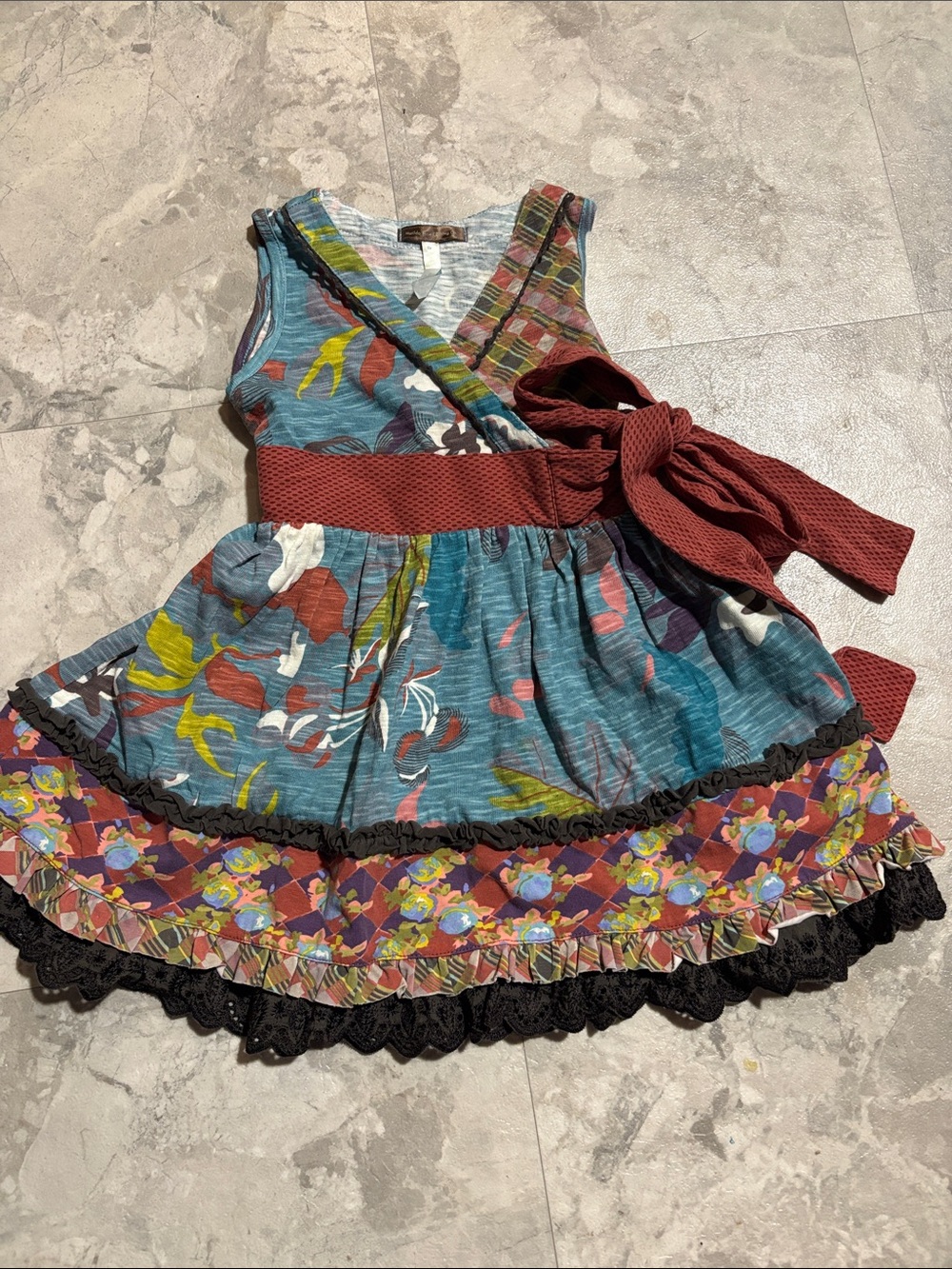 Matilda Jane size 18 months Teal Floral Patchwork Wrap Dress with Burgundy Sash